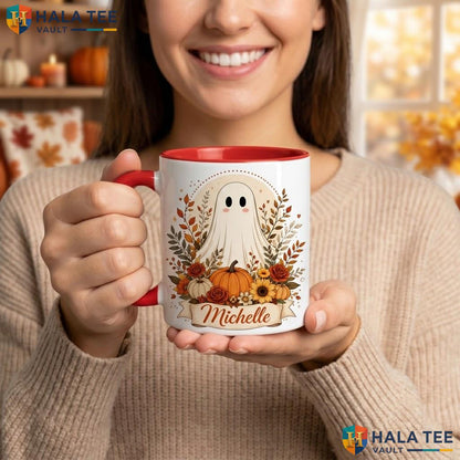 Autumn Ghost Thanksgiving Mug Personalized Cute Fall Ceramic Coffee Camping Mug