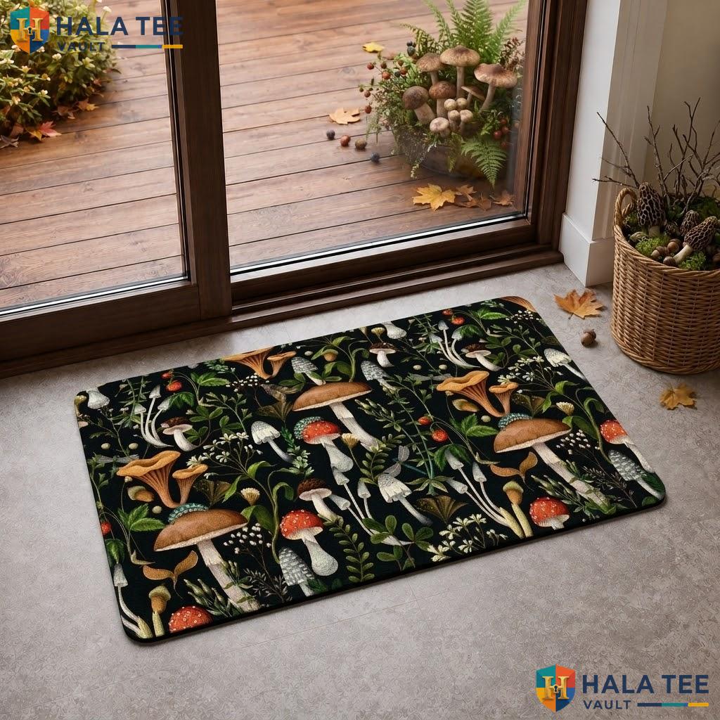 Autumn Mushrooms Halloween Doormat Funny Skulls Spider Web Farmhouse Rug