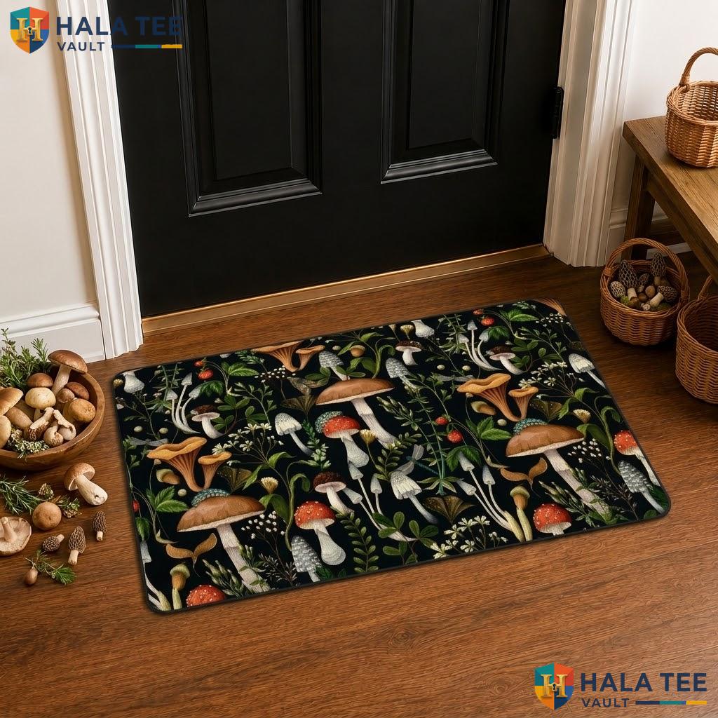 Autumn Mushrooms Halloween Front door mat Funny Skulls Spider Web Farmhouse Rug