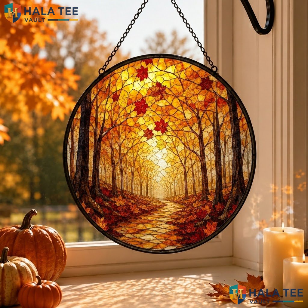 Autumn Pathway Halloween Stained Glass Suncatcher Cozy Warm Fall Window Art
