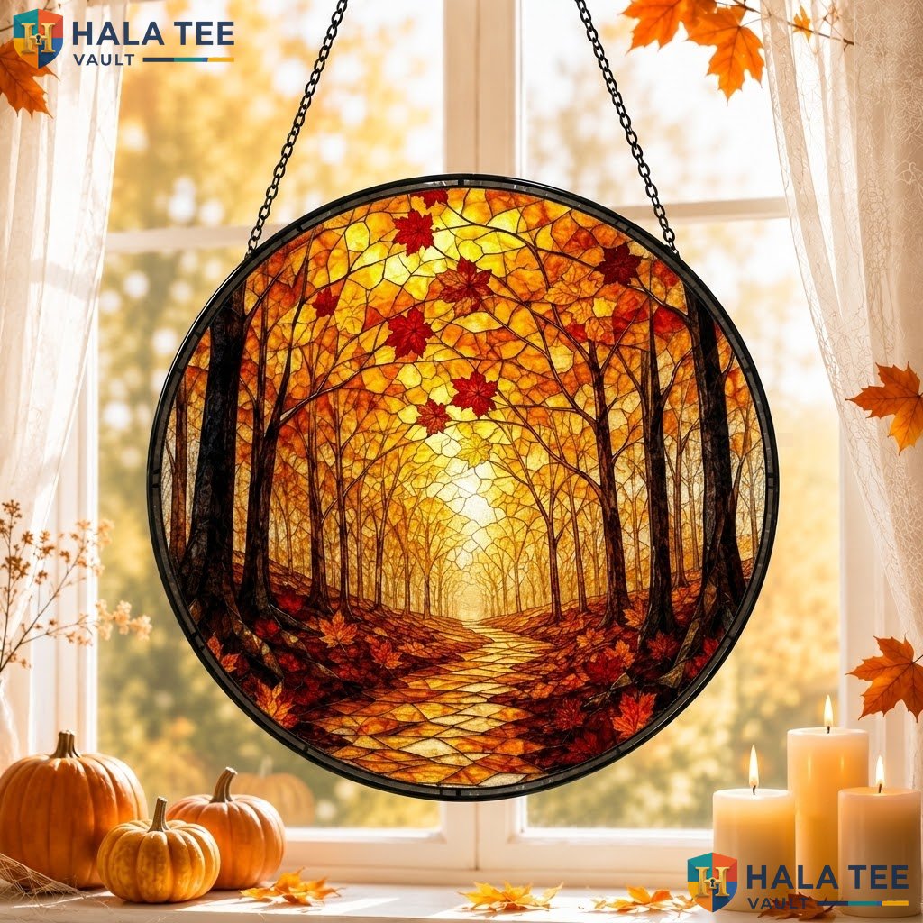 Autumn Pathway Halloween Stained Glass Suncatcher Cozy Warm Fall Window Art Adult
