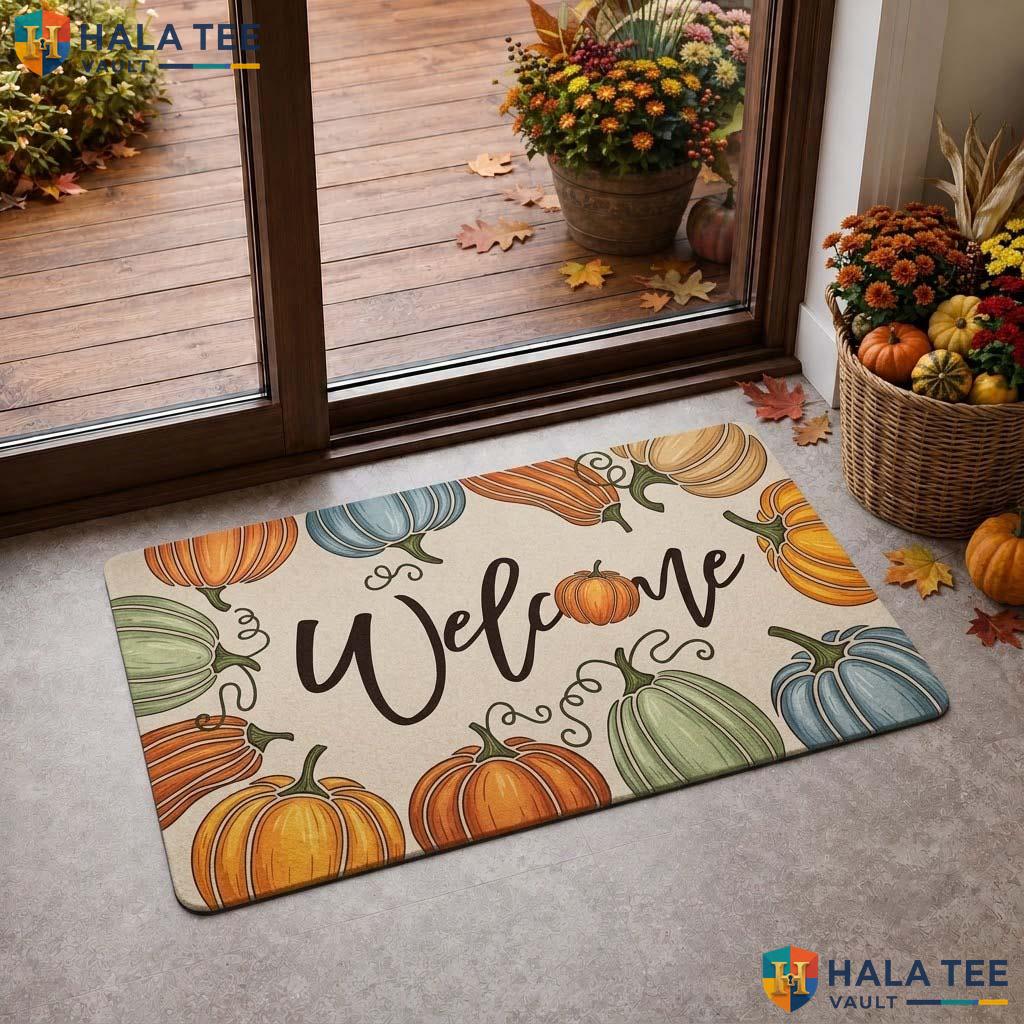 Autumn Pumpkin Fall Doormat Colorful Seasonal Welcome Rug Entry Decor