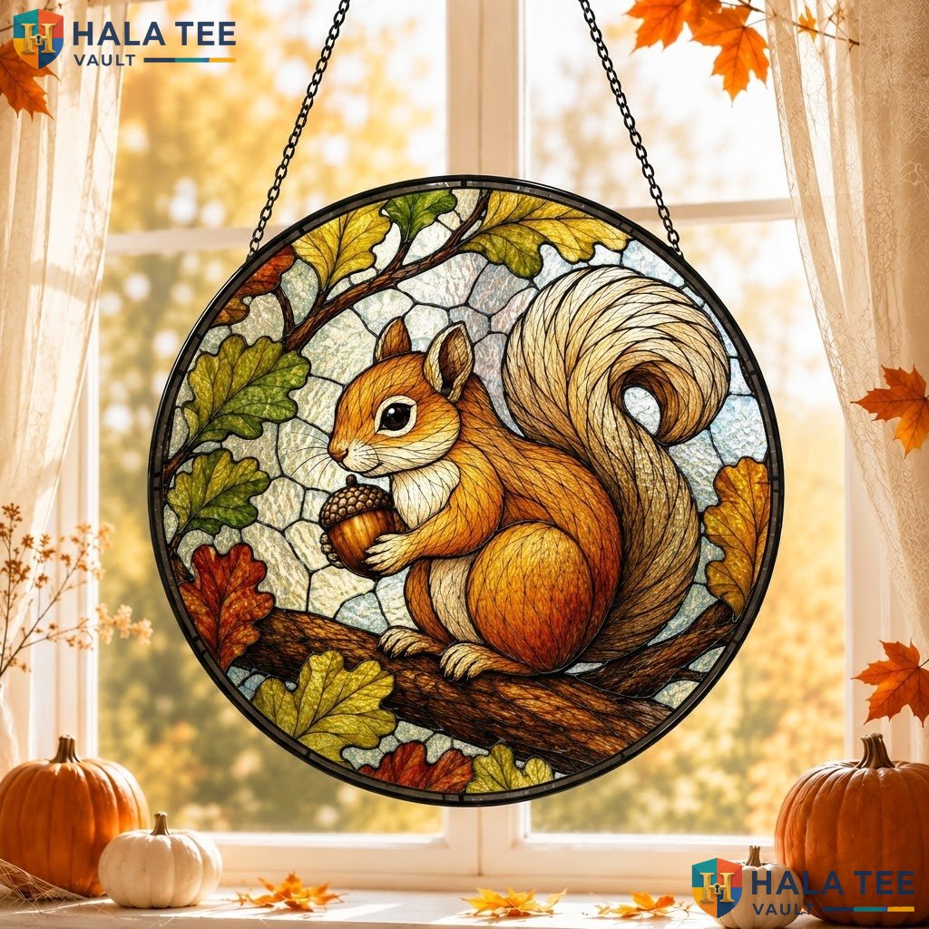 Autumn Squirrel Halloween Stained Glass Suncatcher Spooky Acorn Window Decor