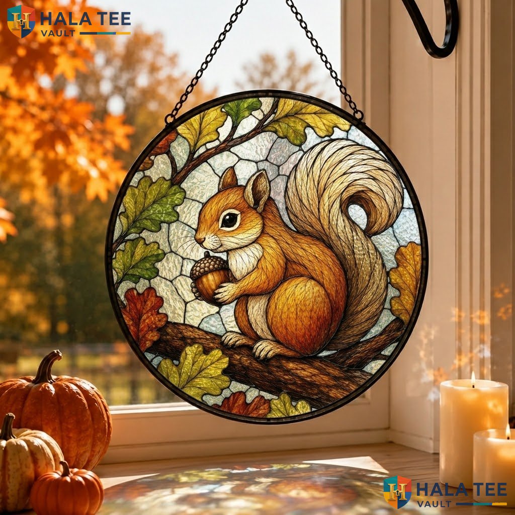 Autumn Squirrel Halloween Stained Glass Suncatcher Spooky Acorn Window Decor Adult