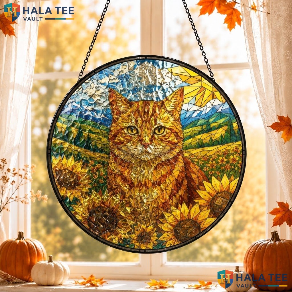 Autumn Sunflower Halloween Stained Glass Suncatcher Orange Tabby Window Gift