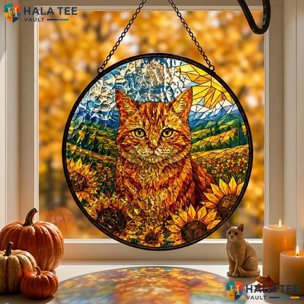 Autumn Sunflower Halloween Stained Glass Suncatcher Orange Tabby Window Gift Adult