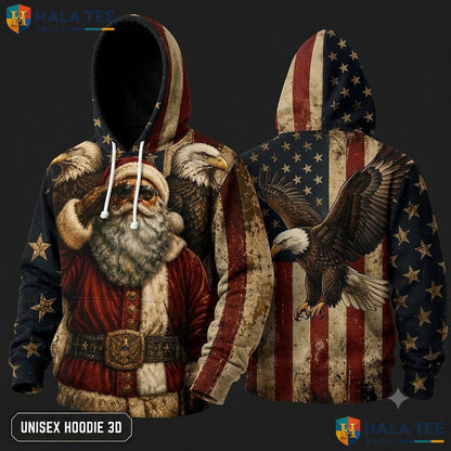 Bald Eagle American Flag Santa Xmas 3D Hoodie Proud Vintage Top