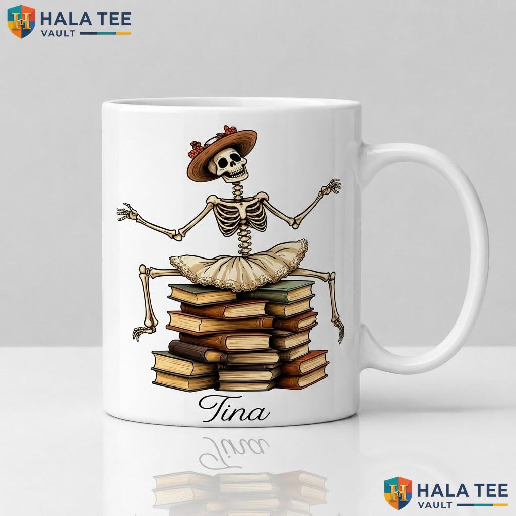 Ballet Skeleton Book Ceramic Mug Custom Name Skull Halloween Coffee Cup