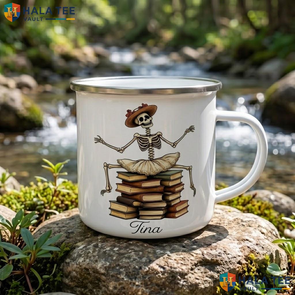 Ballet Skeleton Book Ceramic Mug Custom Name Skull Halloween Coffee Camping Mug