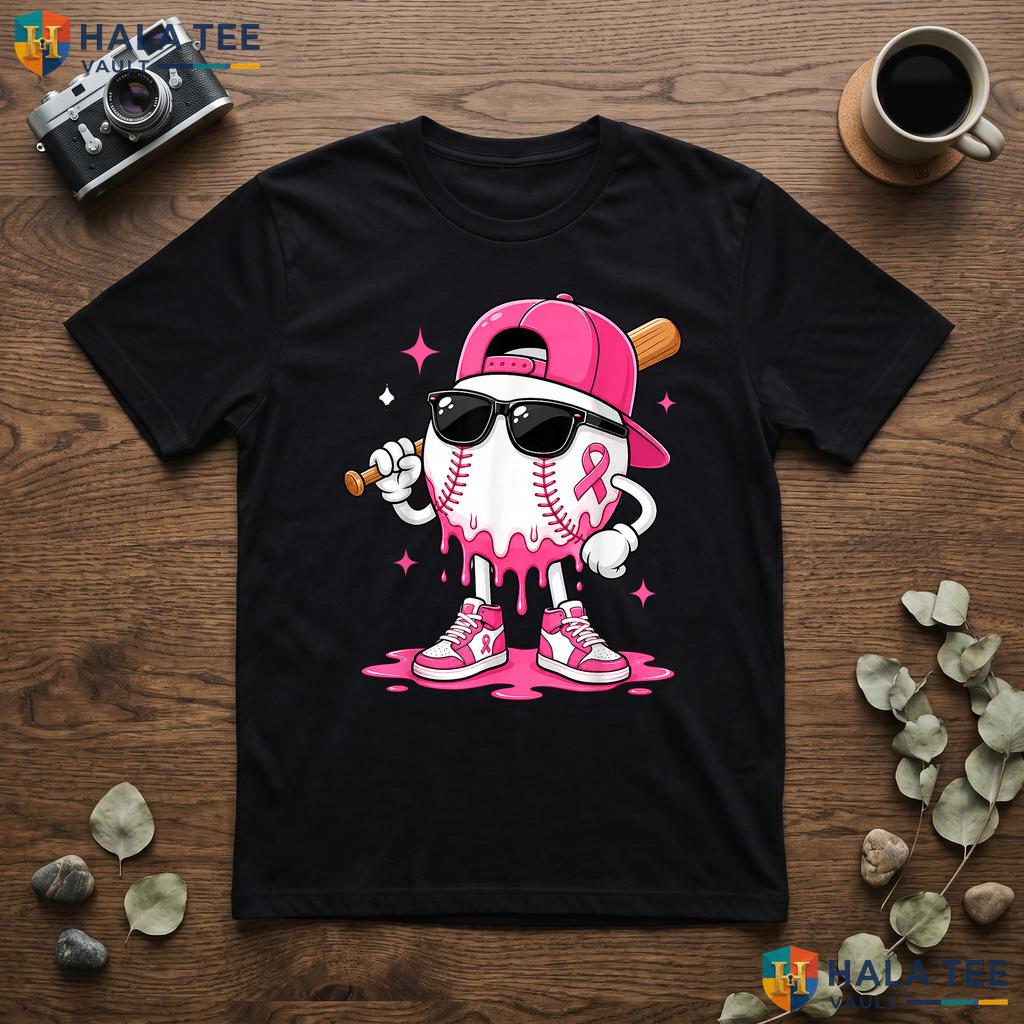 Baseball Drip Pink Ribbon TShirt Breast Cancer Awareness Boys Kids Adult