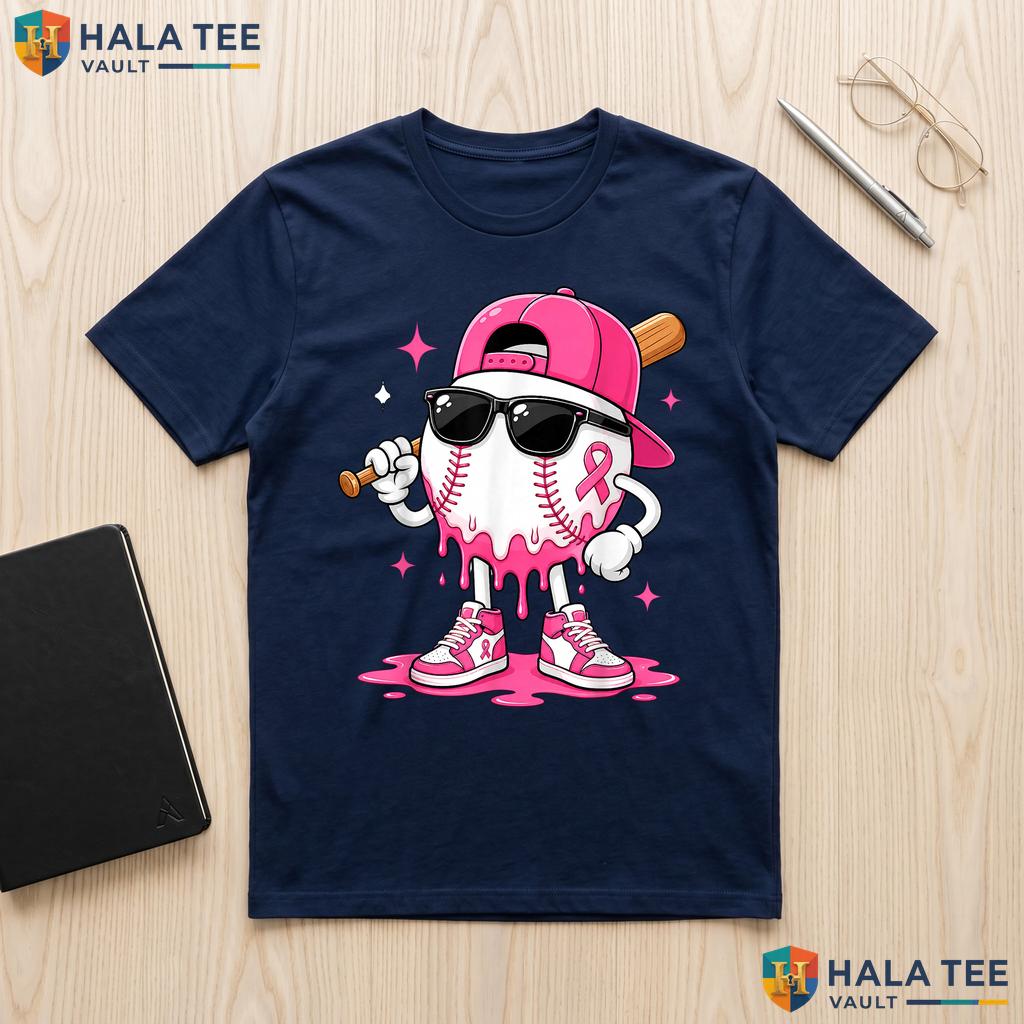 Baseball Drip Pink Ribbon TShirt Breast Cancer Awareness Boys Kids Adult
