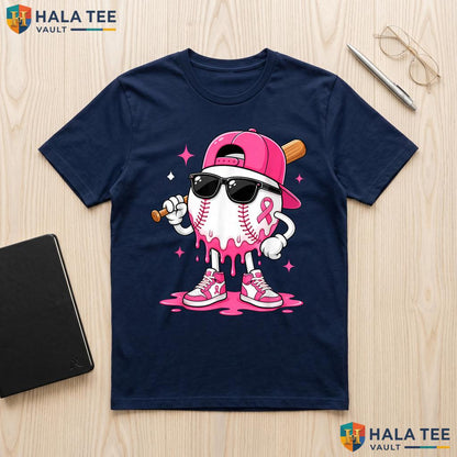 Baseball Drip Pink Ribbon TShirt Breast Cancer Awareness Boys Kids Adult