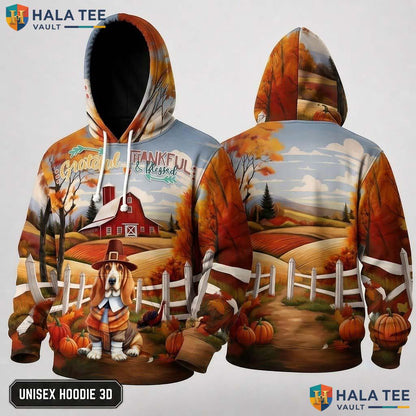 Basset Hound Blessed Thanksgiving 3D Hoodie Grateful Thankful Fall