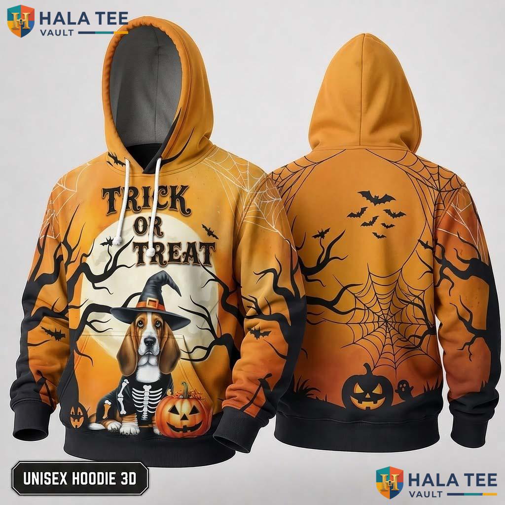 Basset Hound Skeleton 3D Hoodie Cute Trick Or Treat Halloween Graphic