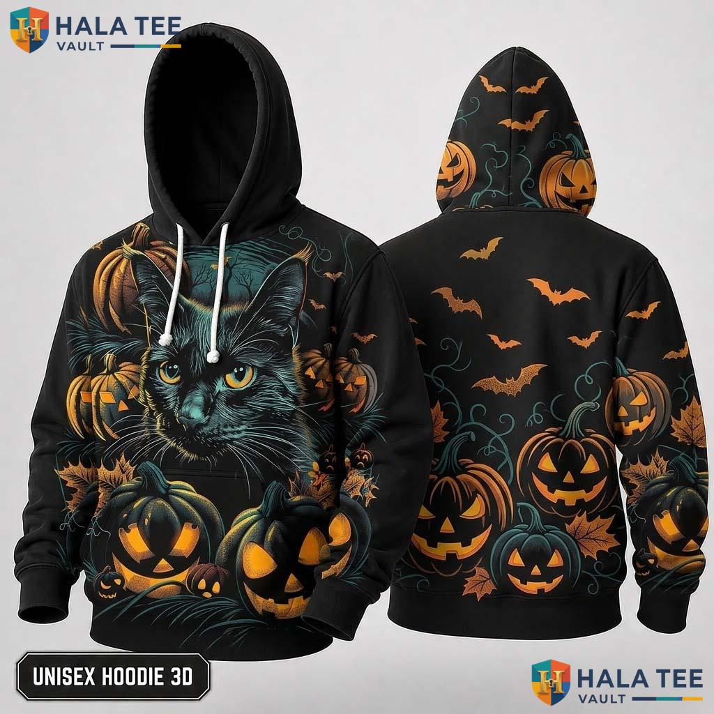 Bat Pumpkin Black Cat 3D Hoodie Cool Graphic Halloween Sweatshirt Men