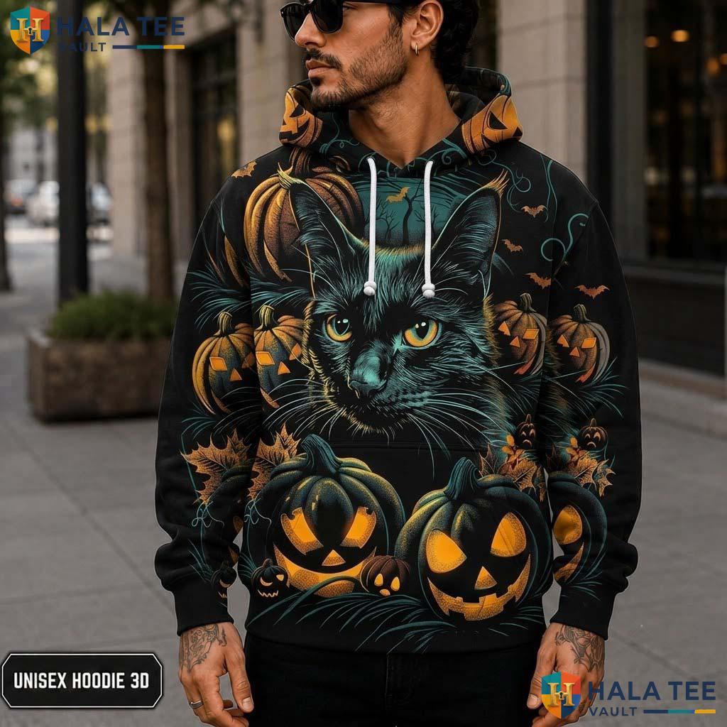 Bat Pumpkin Black Cat 3D Printed Hoodie Cool Graphic Halloween Sweatshirt Men