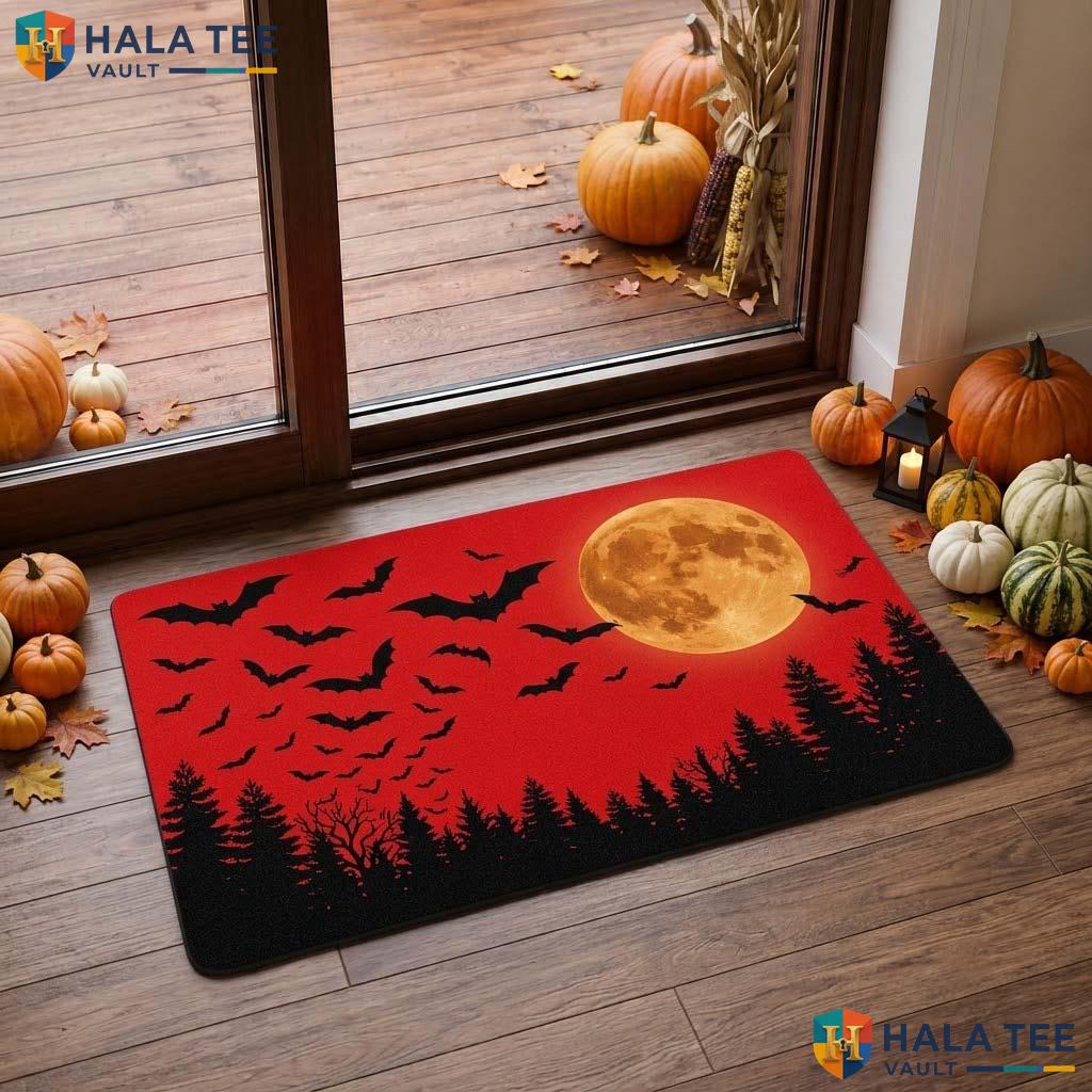 Bat Skeleton Halloween Doormat Orange Moon Spooky Welcome Mat Night Decor