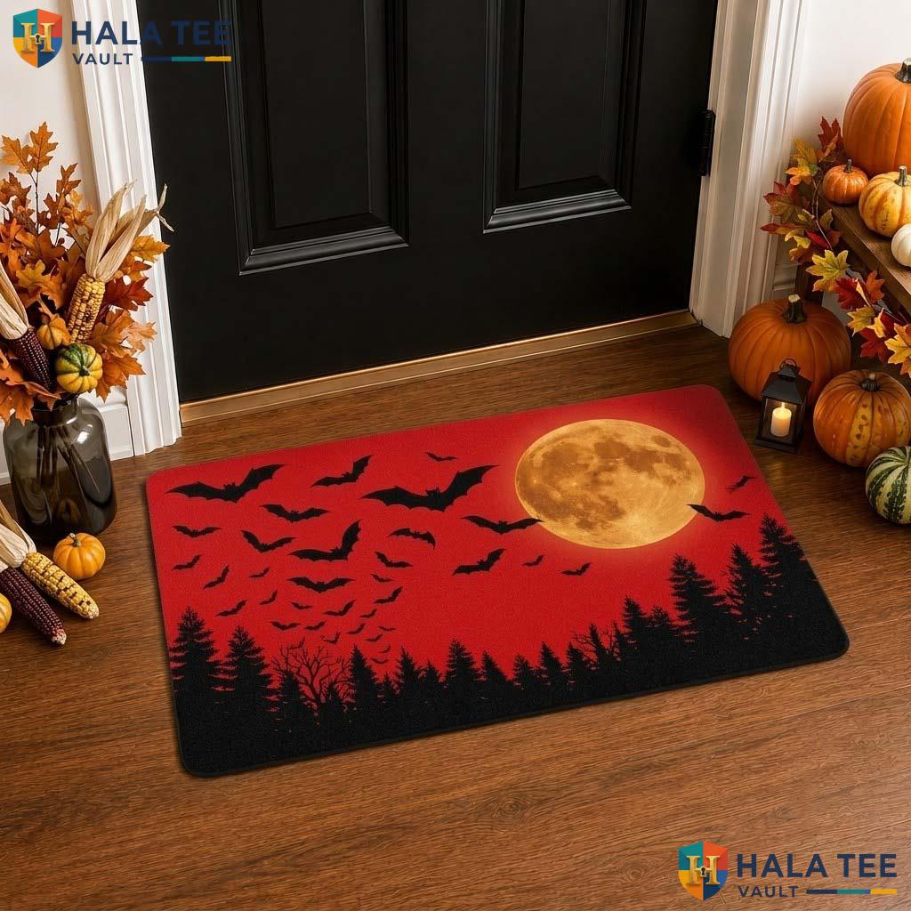 Bat Skeleton Halloween Doormat Orange Moon Spooky Front door mat Night Decor