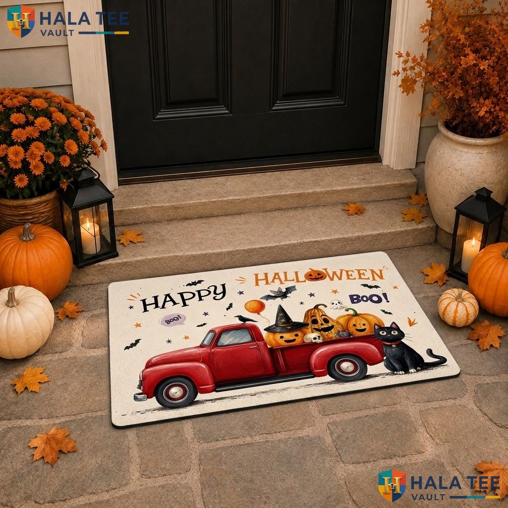 Bats Pumpkin Truck Halloween Doormat Funny Welcome Entryway Porch Floor Rug