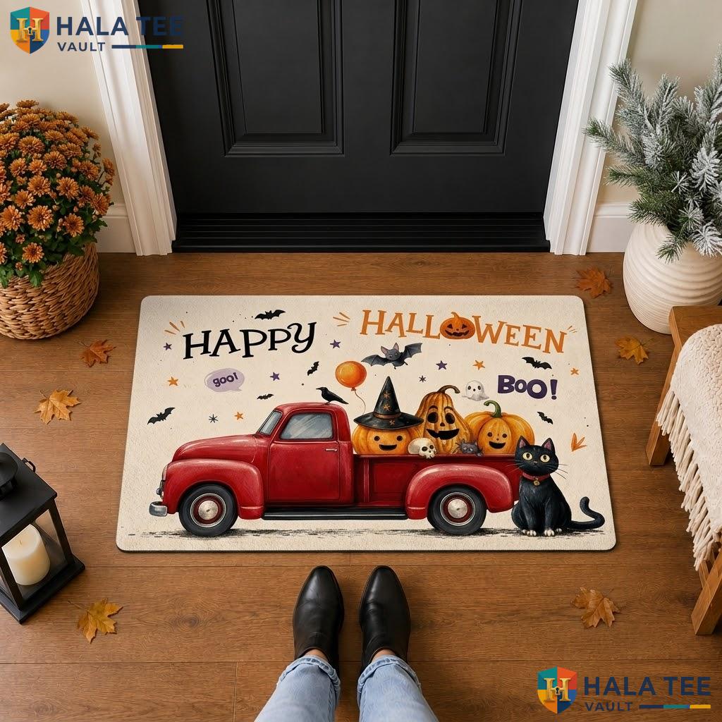 Bats Pumpkin Truck Halloween Front door mat Funny Welcome Entryway Porch Floor Rug