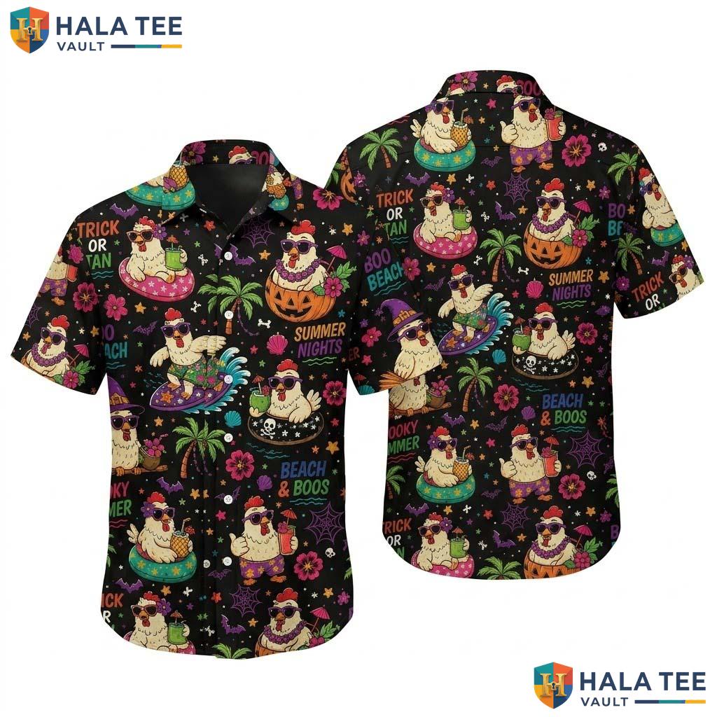Beach Chicken Halloween Hawaiian Shirt Spooky Fall Pumpkin Aloha Top