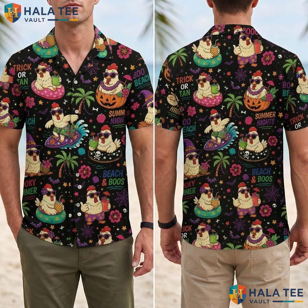 Beach Chicken Halloween Hawaiian Shirt Spooky Fall Pumpkin Aloha Top Adult