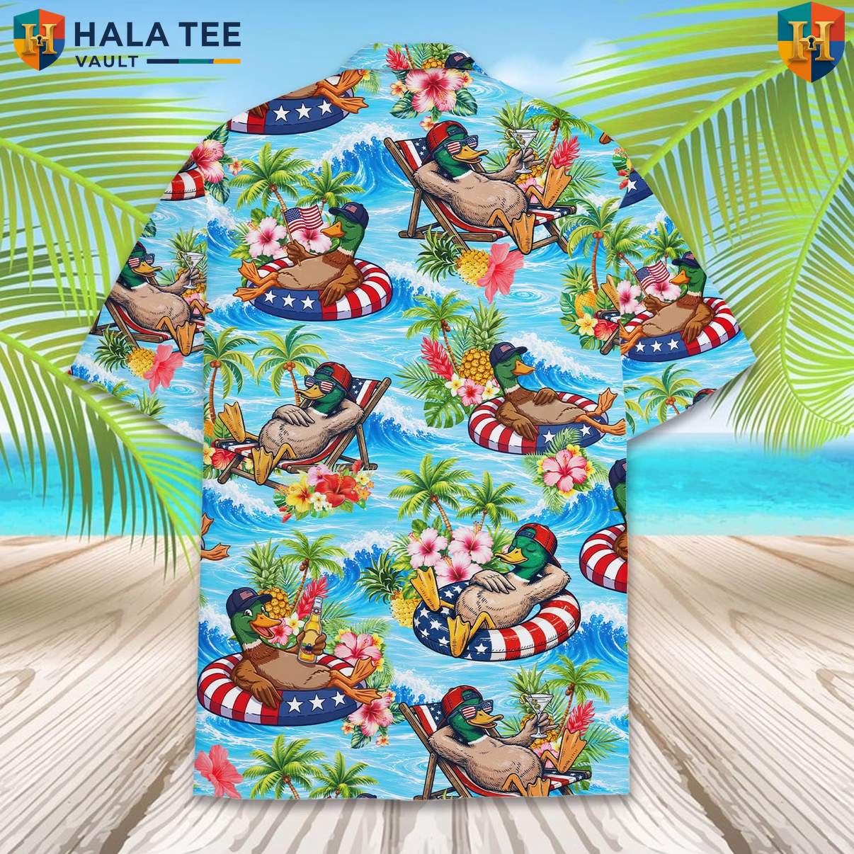 Beach Patriotic Duck Aloha Tee Shirt Mens Fourth Of July Cruise Holiday Apparel