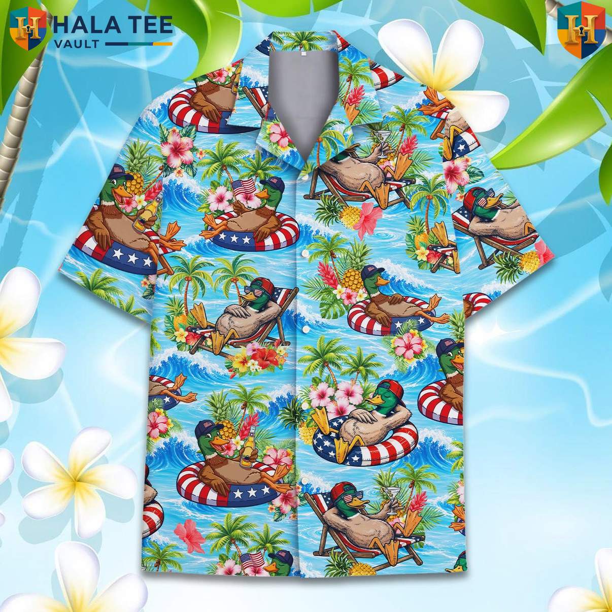 Beach Patriotic Duck Aloha T-Shirt Mens Fourth Of July Cruise Holiday Apparel