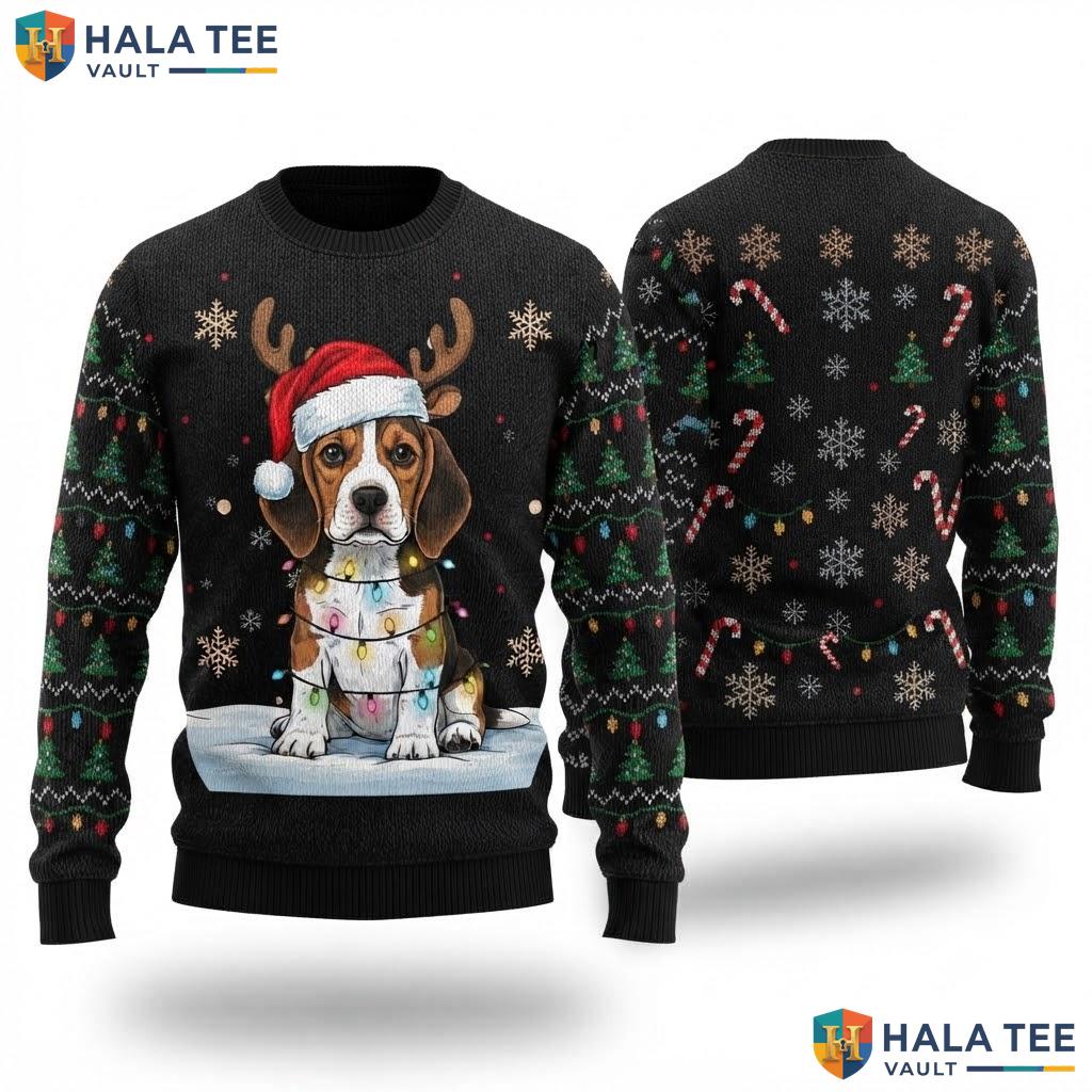 Beagle Lights Reindeer Christmas Sweater Funny Santa Dog Holiday Top