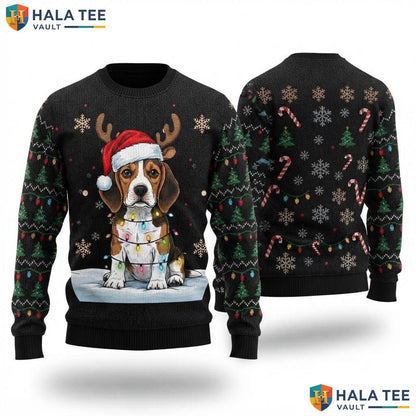 Beagle Lights Reindeer Christmas Sweater Funny Santa Dog Holiday Top