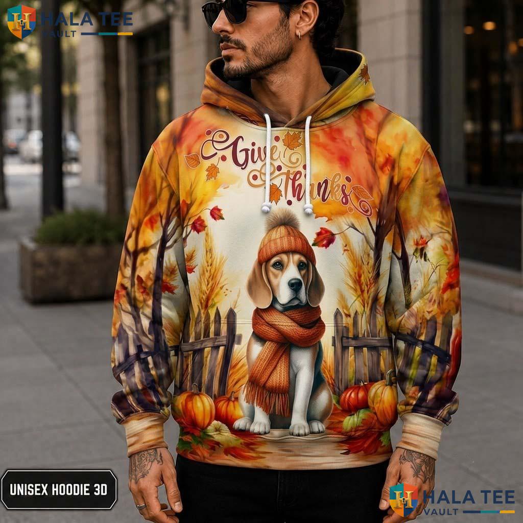 Beagle Pumpkins Leaves Thanksgiving 3D Printed Hoodie Give Thanks Fall Top