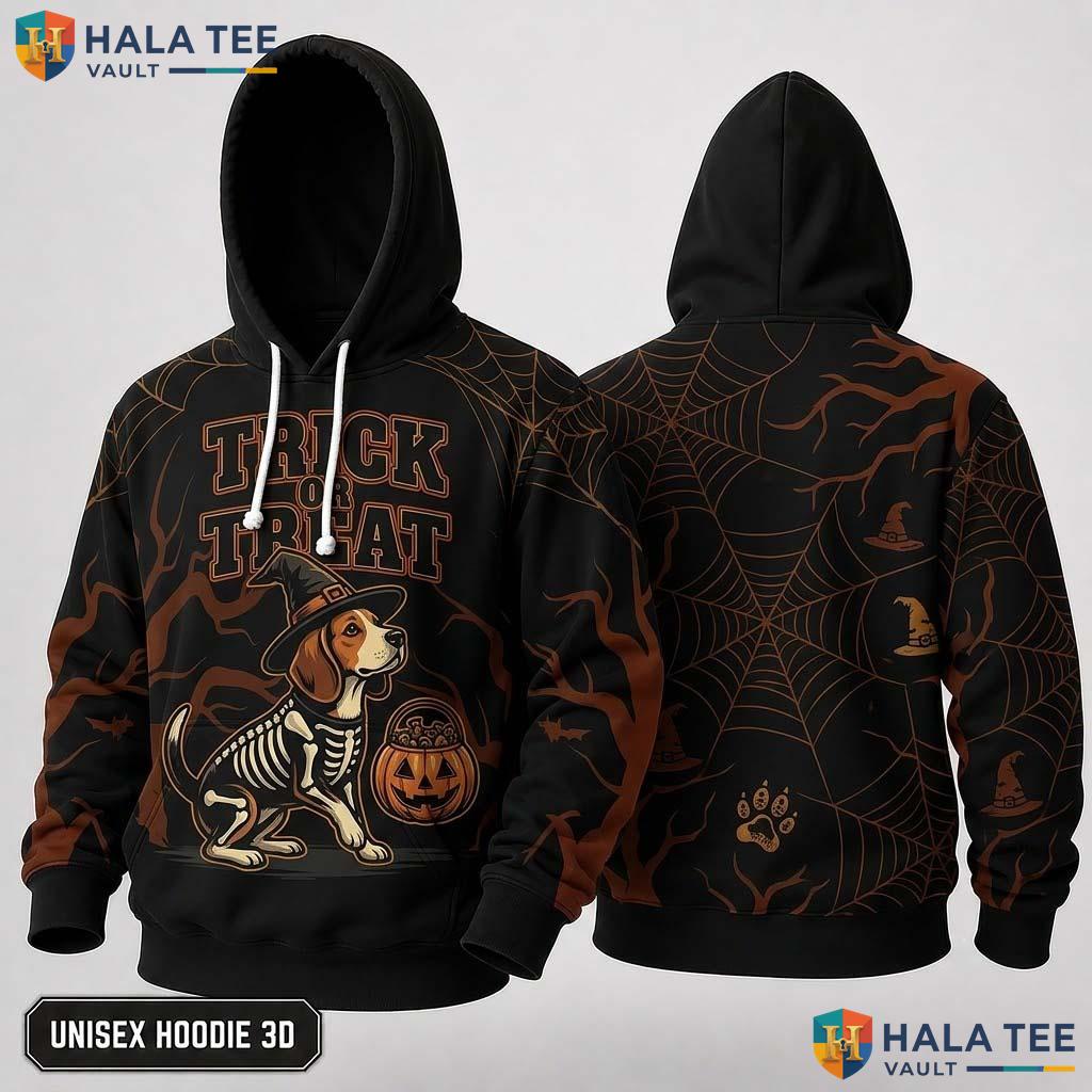 Beagle Skeleton Dog 3D Hoodie Cute Trick Or Treat Witch Hat Halloween