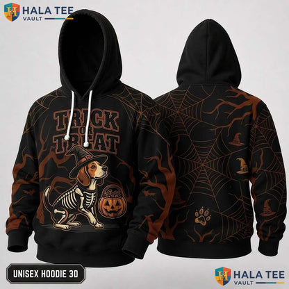 Beagle Skeleton Dog 3D Hoodie Cute Trick Or Treat Witch Hat Halloween