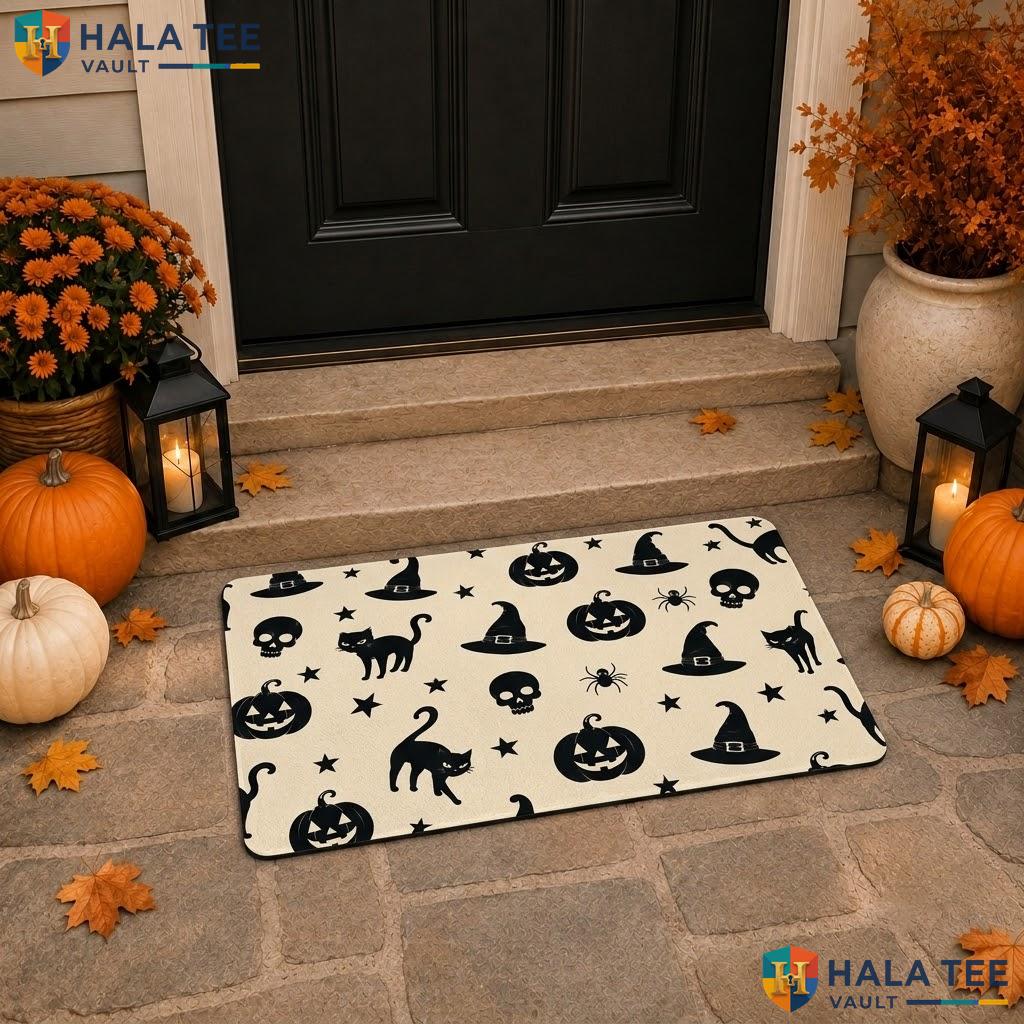 Beige Black Cat Halloween Doormat Spooky Pumpkin Welcome Entryway Porch Rug
