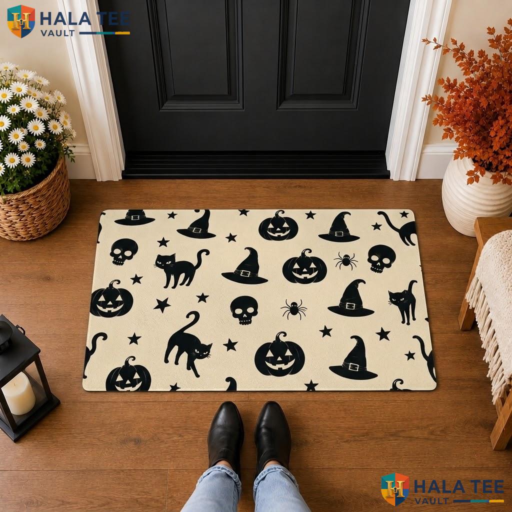 Beige Black Cat Halloween Front door mat Spooky Pumpkin Welcome Entryway Porch Rug