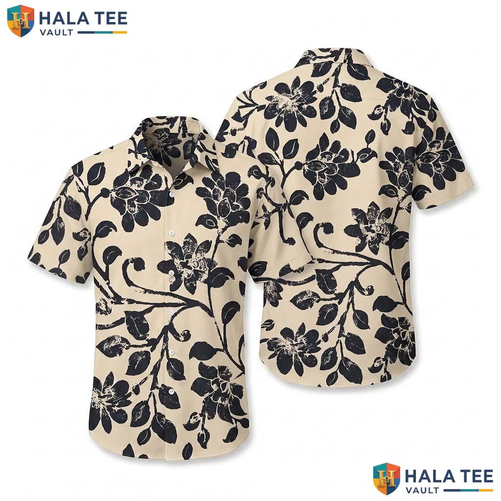 Beige Black Floral Hawaiian Shirt Mens Casual Short Sleeve Button Down