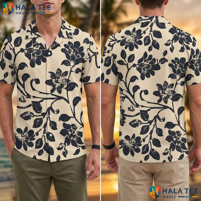Beige Black Floral Tropical Shirt Mens Casual Short Sleeve Button Down
