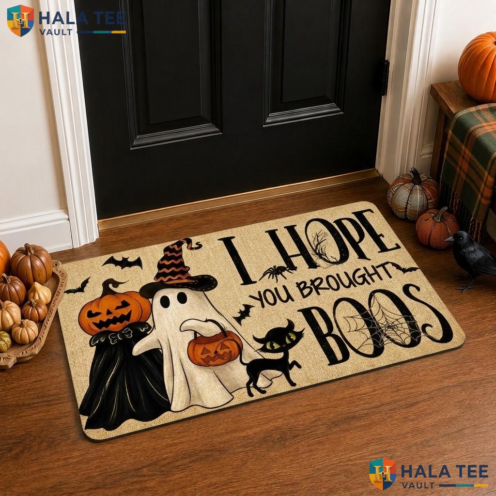Beige Ghost Pumpkin Halloween Front door mat Brought Boos Spider Web Indoor Rug
