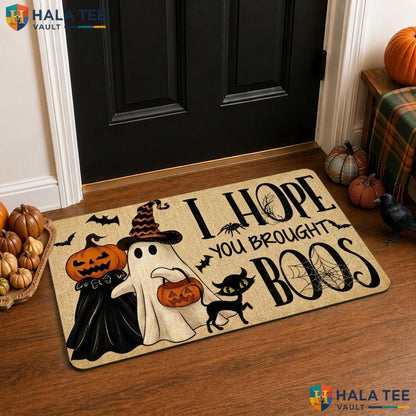 Beige Ghost Pumpkin Halloween Front door mat Brought Boos Spider Web Indoor Rug