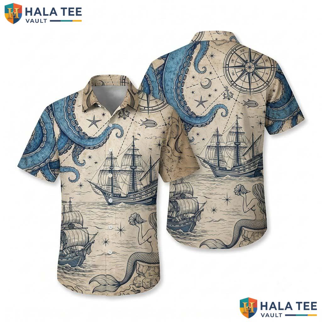 Beige Nautical Funny Hawaiian Shirt Mens Novelty Graphic Aloha Top
