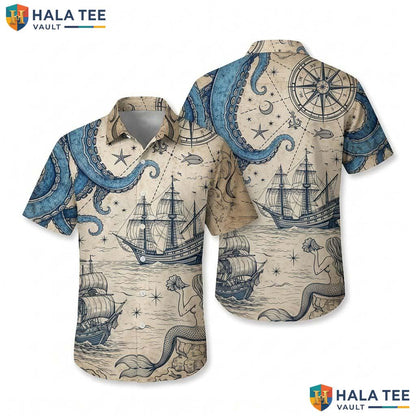 Beige Nautical Funny Hawaiian Shirt Mens Novelty Graphic Aloha Top