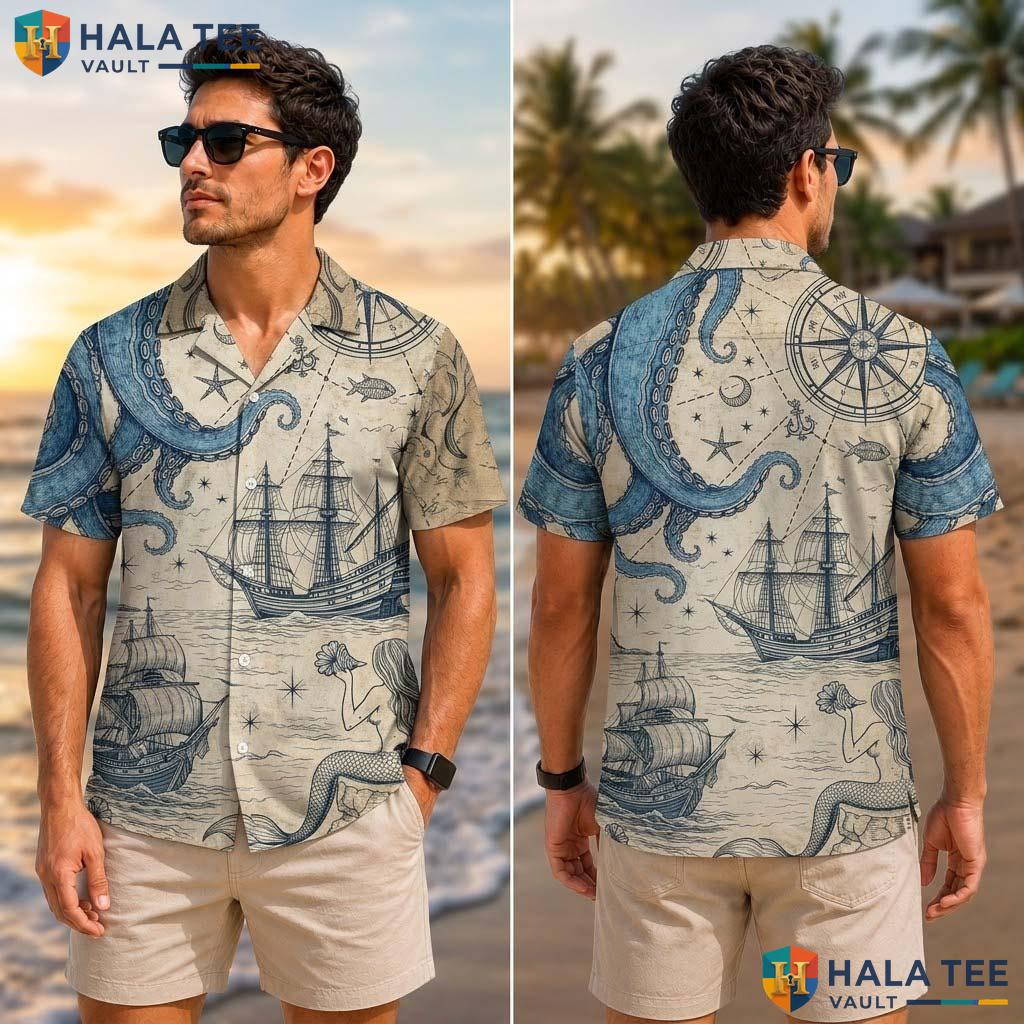 Beige Nautical Funny Tropical Shirt Mens Novelty Graphic Aloha Top