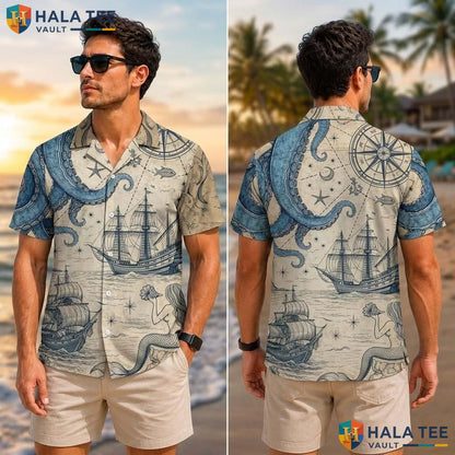 Beige Nautical Funny Tropical Shirt Mens Novelty Graphic Aloha Top