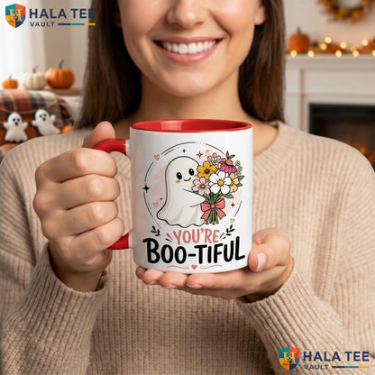 Beige Sleepy Ghost Halloween Mug Funny Mornings Are A Boo Ceramic Camping Mug