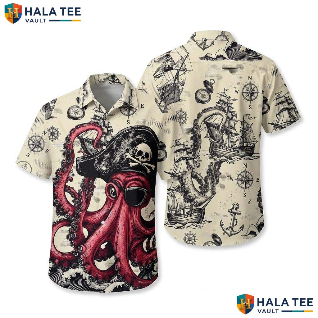Beige Vintage Pirate Hawaiian Shirt Mens Funny Summer Beach Resort Wear