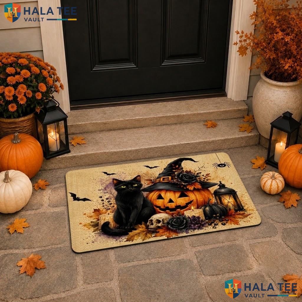 Beige Witch Hat Halloween Doormat Pumpkin Black Cat Welcome Entry Porch Rug