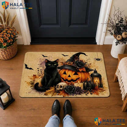 Beige Witch Hat Halloween Front door mat Pumpkin Black Cat Welcome Entry Porch Rug