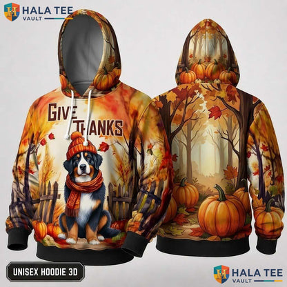 Bernese Dog Pumpkins Thanksgiving 3D Hoodie Give Thanks Autumn Leaves