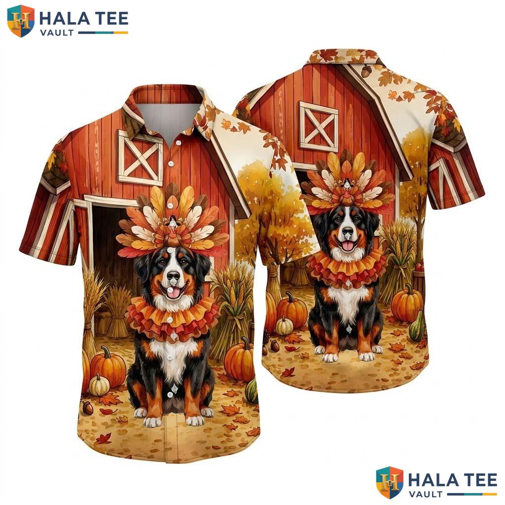Bernese Mountain Dog Thanksgiving Hawaiian Shirt Fall Scene Costume