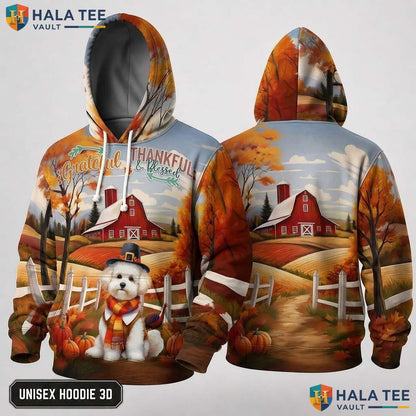 Bichon Frise Blessed Thanksgiving 3D Hoodie Grateful Thankful Fall Top